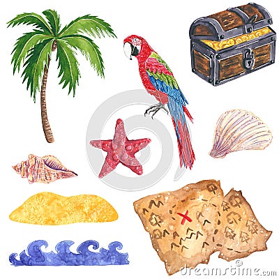Set of pirate clipart. Treasure chest with gold coins, treasure map, Ocean wave Cartoon Illustration