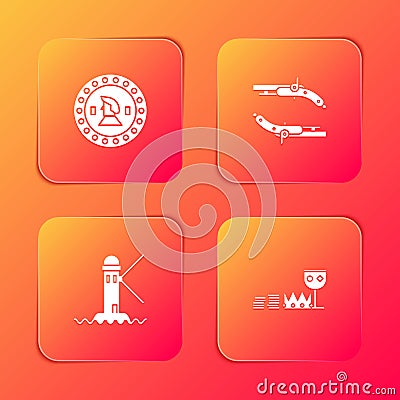 Set Pirate coin, Vintage pistols, Lighthouse and Treasure and riches icon. Vector Vector Illustration