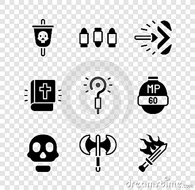 Set Pirate flag, Bullet, Magic arrow, Skull, Medieval poleaxe, Sword for game, Holy bible book and wand icon. Vector Vector Illustration