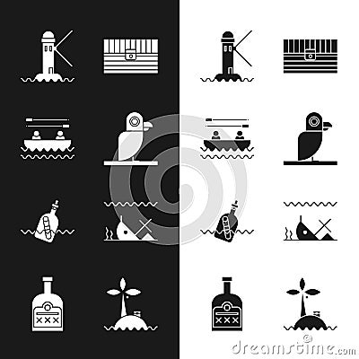 Set Pirate parrot, Boat with oars, Lighthouse, Antique treasure chest, Bottle message in water, Sunken ship, Tropical Vector Illustration