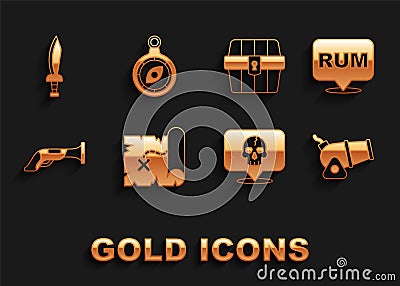 Set Pirate treasure map, Alcohol drink Rum, Cannon, Skull, Vintage pistol, Antique chest, sword and Compass icon. Vector Vector Illustration