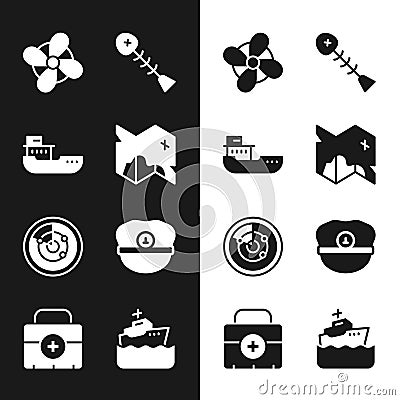 Set Pirate treasure map, Cargo ship, Boat propeller, Dead fish, Radar with targets, Captain hat, Cruise and First aid Stock Photo