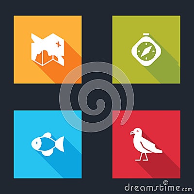 Set Pirate treasure map, Compass, Fish and Bird seagull icon. Vector Vector Illustration