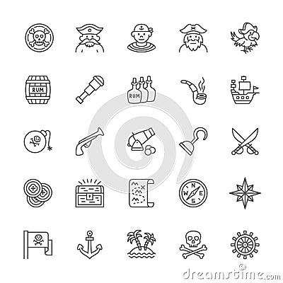 Set of Pirates Line Icons. Sailor, Boatswain, Captain, Parrot, Ship and more. Vector Illustration