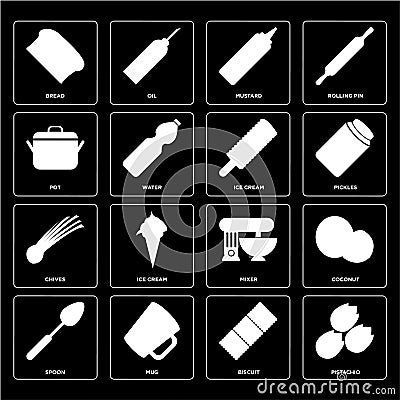 Set of Pistachio, Biscuit, Spoon, Mixer, Chives, Ice cream, Pot, Mustard, Bread icons Vector Illustration