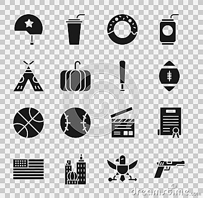 Set Pistol or gun, Declaration of independence, American Football ball, Donut, Pumpkin, Indian teepee wigwam, Military Stock Photo