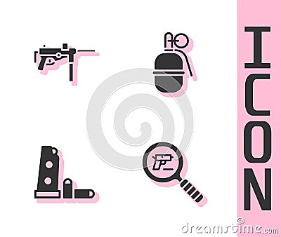 Set Pistol or gun search, Submachine M3, Gun magazine and bullets and Hand grenade icon. Vector Vector Illustration