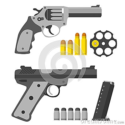 Set of pistols. Revolver, revolver s barrel and bullets. Stock Photo