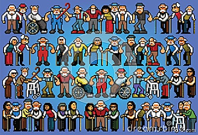 Set of pixel art elderly senior people crowd illustration Vector Illustration