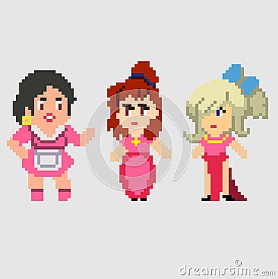 Set of pixel characters in art style Vector Illustration