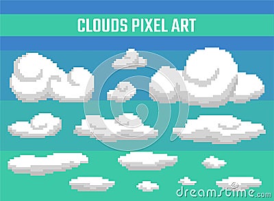 Set of pixel clouds on blue background Vector Illustration