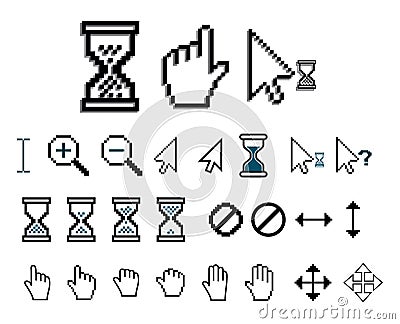 Set of pixel cursors or pixel hourglass or pixel mouse cursor concept. eps 10 vector. Stock Photo