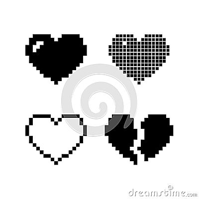 Set pixel hearts black icons isolated on white background. Romantic love Vector Illustration