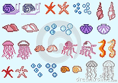 Set of pixel marine animals and shells Vector Illustration