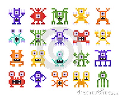 Set Pixel Monsters, Retro Design for Computer Eight Bit Arcade Games Isolated on White Background. Collection of Aliens Vector Illustration