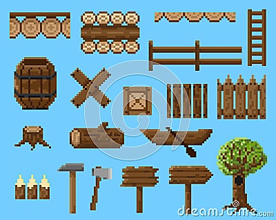 A set of pixel objects and seamless elements made of wood. Vector Illustration