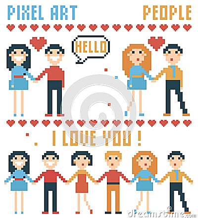 Set of pixel people, words, hearts. Vector Illustration