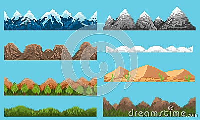 A set of pixel seamless element landscape Vector Illustration