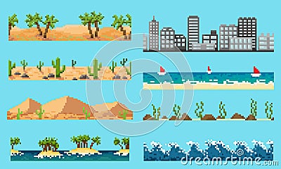 A set of pixel seamless element landscape Vector Illustration