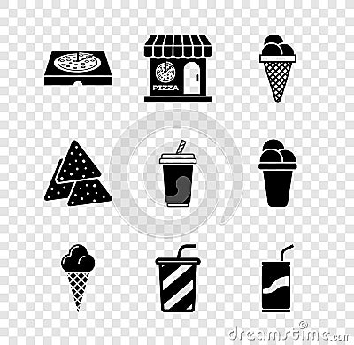 Set Pizza in cardboard box, Pizzeria building facade, Ice cream waffle cone, Glass with water, Soda can drinking straw Vector Illustration