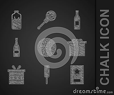 Set Pizza, Ice cream, Greeting card, Gift box, Champagne bottle, Beer and Mulled wine icon. Vector Vector Illustration