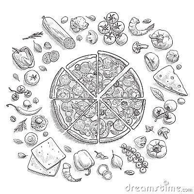 Set of pizza ingredients in doodle style isolated Vector Illustration