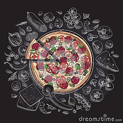 Set of pizza ingredients in doodle style isolated Vector Illustration