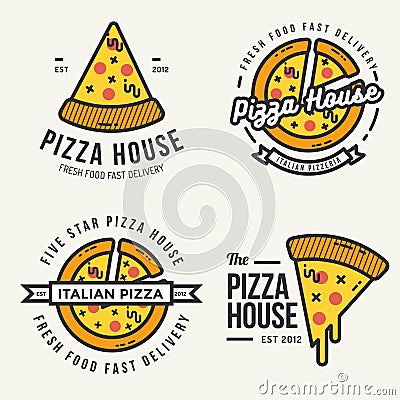 Set of pizza logo, badges, banners, emblem for fast food restaurant. Vector Illustration