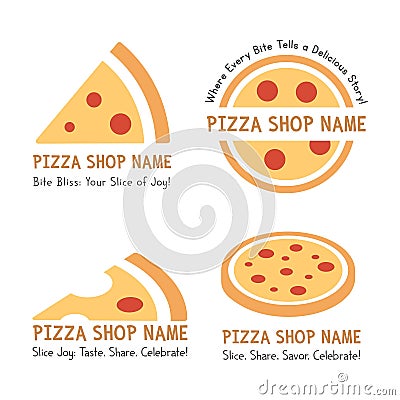 Set of 4 Pizza Logo Designs with Brand, Tagline, Whole, Slice, Isometric Style. Versatile Vector Art for Unique Pizza Branding Vector Illustration