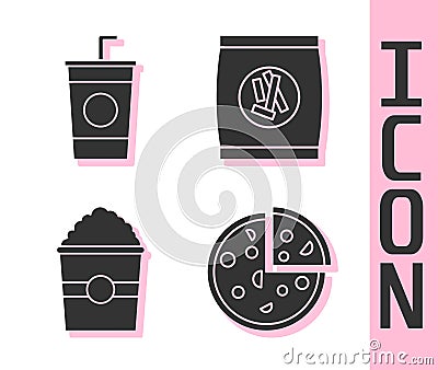 Set Pizza, Paper glass with straw, Popcorn in box and Hard bread chucks crackers icon. Vector Vector Illustration