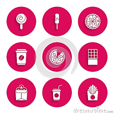 Set Pizza, Paper glass with straw, Potatoes french fries in box, Chocolate bar, Noodles, Coffee cup go, and Lollipop Vector Illustration