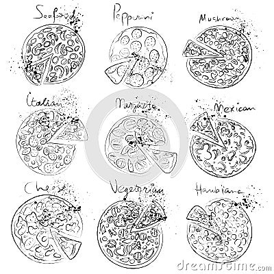 Set of pizza slice - italian, mexican, margarita, cheese, pepperoni Vector Illustration
