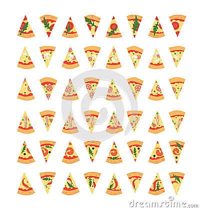 Set of pizza slices with different toppings including shrimps, chili pepper, mushrooms, bacon, cheese, onion, tomatoes, salami. Vector Illustration