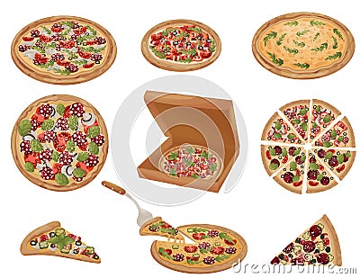 Set of pizzas of different shapes. Vector illustration on white background. Vector Illustration