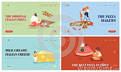 Set of Pizzeria Bistro Website Landing Page, People Characters Eating Huge Pizza, Cut with Knife, Put Ketchup and Cheese Vector Illustration