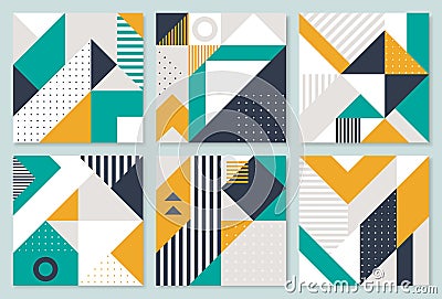 Set of 6 Placard with geometric bauhaus shapes. Retro abstract backgrounds. Vector Illustration