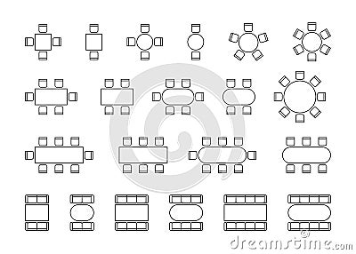 Set of plan for arranging seats couch and tables in interior, layout graphic outline elements. Chairs and tables signs Vector Illustration