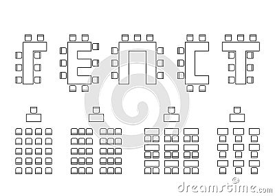 Set of plan for arranging seats in interior, auditorium with place spectators, classroom, theater, lecture hall, layout Vector Illustration