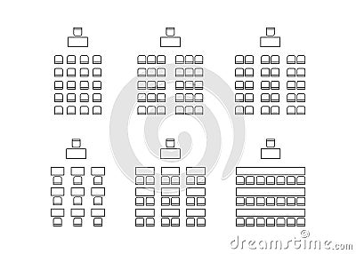 Set of plan for arranging seats in interior, auditorium with place spectators, classroom, theater, lecture hall, layout Vector Illustration