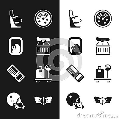 Set Plane, Airplane window, seat, Radar with targets on monitor, Airline ticket, Scale suitcase, Aviation emblem and Vector Illustration