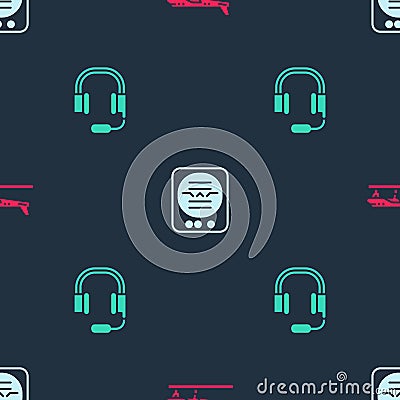 Set Plane, Attitude indicator and Headphones with microphone on seamless pattern. Vector Vector Illustration