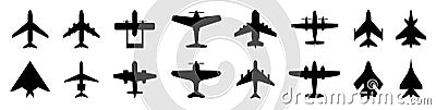Set plane icons, different historical airplane, passenger airplanes, aircraft. Airliner model top view â€“ vector Vector Illustration