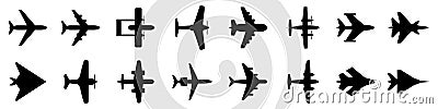 Set plane icons, different historical airplane, passenger airplanes, aircraft. Airliner model top view - vector Vector Illustration