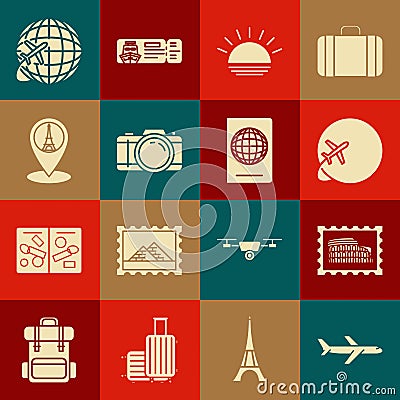 Set Plane, Postal stamp and Coliseum, Globe with flying plane, Sunset, Photo camera, Map pointer Eiffel tower, and Stock Photo