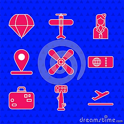 Set Plane propeller, Aircraft steering helm, takeoff, Airline ticket, Suitcase, Location, Stewardess and Parachute icon Vector Illustration