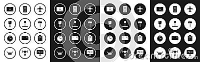 Set Plane, Scale, Fragile broken glass symbol, Cardboard box with traffic, Open mail, Mobile phone app delivery tracking Stock Photo