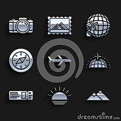 Set Plane, Sunset, Mountains, Globe with flying plane, Travel ticket, Compass, and Photo camera icon. Vector Vector Illustration