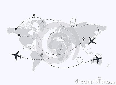 Set of planes path with location pins vector illustration. Map a background. Heart dashed line trace and plane routes Vector Illustration