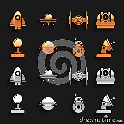 Set Planet Saturn, Astronomical observatory, Satellite dish, Robot, Joystick, Cosmic ship, Rocket and UFO flying Vector Illustration