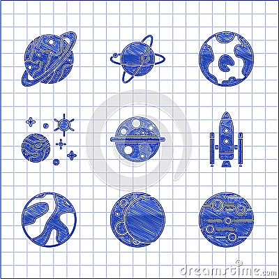 Set Planet Saturn, Moon, Mars, Space shuttle and rockets, planet, Earth globe and icon. Vector Vector Illustration